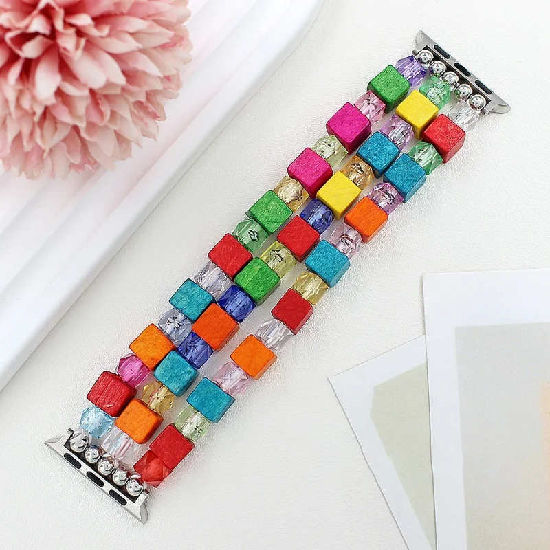 Bracelet Watch Strap for Apple Watch Series 10 9 8 7 SE 6 5 4 3 2 1 42mm 41mm 40mm 38mm Wood Resin Beads Wrist Band - Colorful