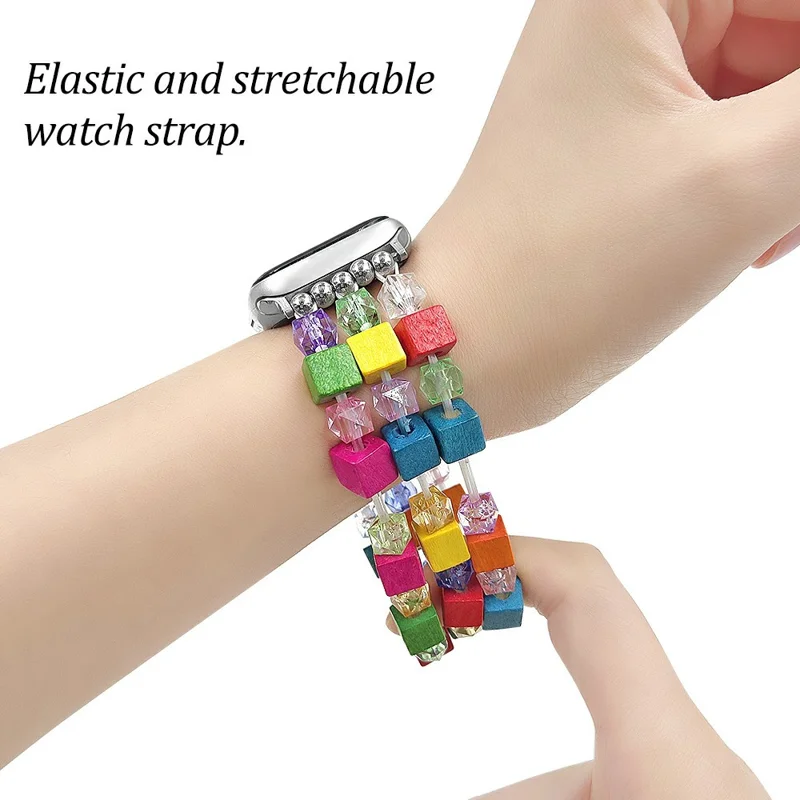 Bracelet Watch Strap for Apple Watch Series 10 9 8 7 SE 6 5 4 3 2 1 42mm 41mm 40mm 38mm Wood Resin Beads Wrist Band - Colorful