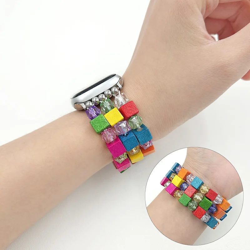 Bracelet Watch Strap for Apple Watch Series 10 9 8 7 SE 6 5 4 3 2 1 42mm 41mm 40mm 38mm Wood Resin Beads Wrist Band - Colorful