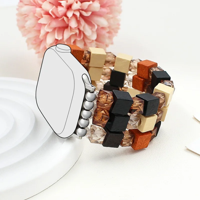 Armband-Uhrarmband für Apple Watch Series 10 Ultra 9 8 7 SE 6 5 4 3 2 1 46mm 49mm 45mm 44mm 42mm Holz Harz Perlen Armband - Braun / Grau