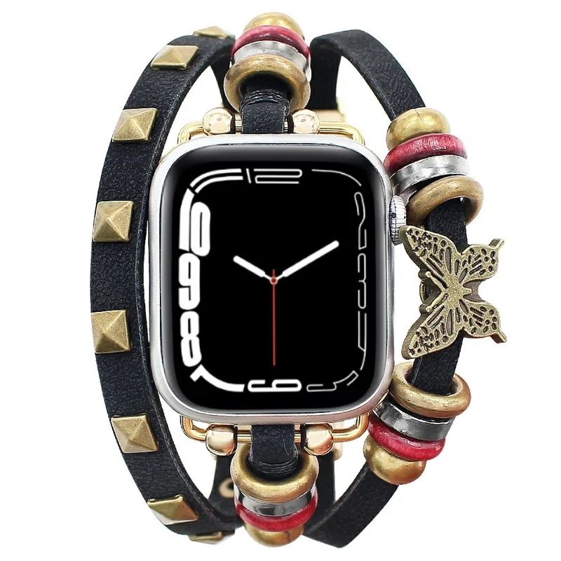 Leather Bracelet Strap for Apple Watch Series 10 9 8 7 SE 6 5 4 3 2 1 42mm 41mm 40mm 38mm Rivet Decor Watch Band - Black