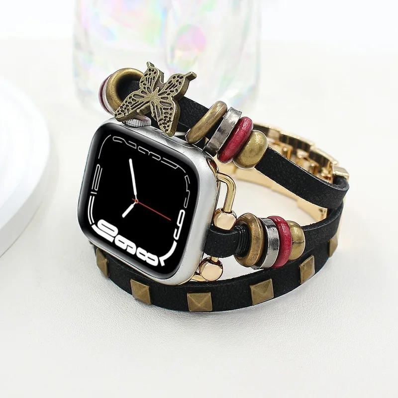 Leather Bracelet Strap for Apple Watch Series 10 9 8 7 SE 6 5 4 3 2 1 42mm 41mm 40mm 38mm Rivet Decor Watch Band - Black