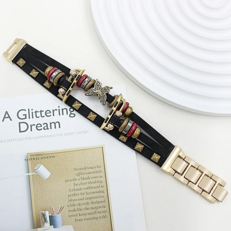 Leather Bracelet Strap for Apple Watch Series 10 9 8 7 SE 6 5 4 3 2 1 42mm 41mm 40mm 38mm Rivet Decor Watch Band - Black