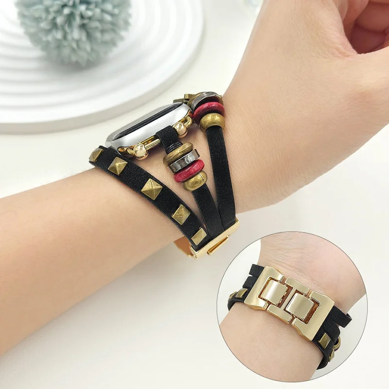 Leather Bracelet Strap for Apple Watch Series 10 9 8 7 SE 6 5 4 3 2 1 42mm 41mm 40mm 38mm Rivet Decor Watch Band - Black