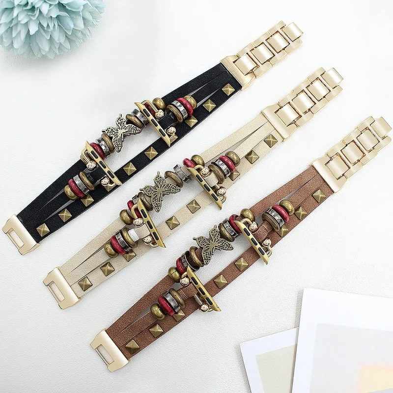 Leather Bracelet Strap for Apple Watch Series 10 9 8 7 SE 6 5 4 3 2 1 42mm 41mm 40mm 38mm Rivet Decor Watch Band - Black