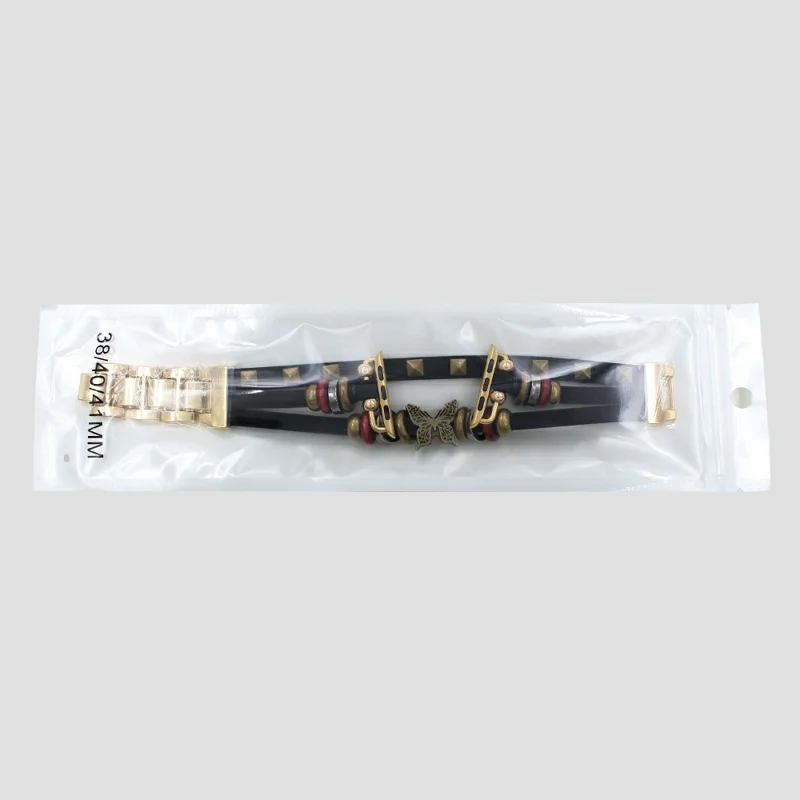 Leather Bracelet Strap for Apple Watch Series 10 9 8 7 SE 6 5 4 3 2 1 42mm 41mm 40mm 38mm Rivet Decor Watch Band - Black