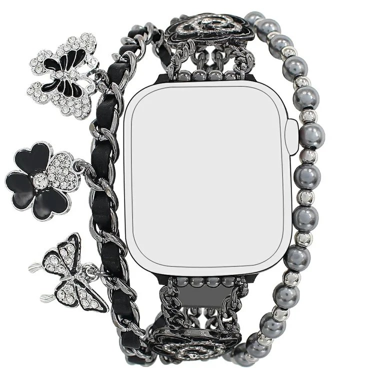 Zinc Alloy Bracelet Strap for Apple Watch Series 10 9 8 7 SE 6 5 4 3 2 1 42mm 41mm 40mm 38mm Flower Butterfly Watch Band - Black