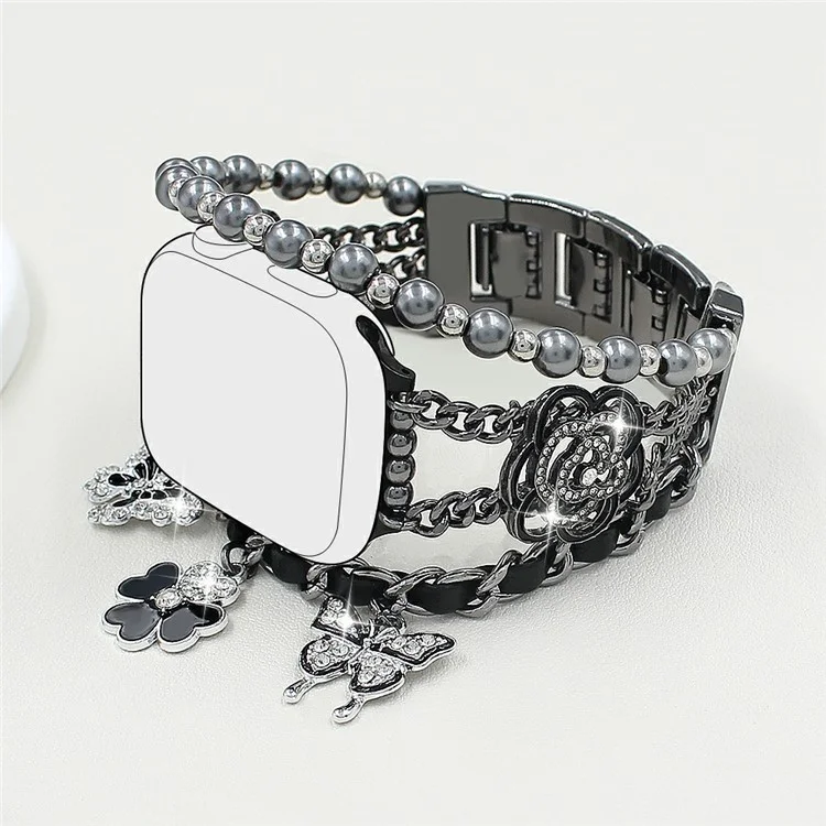 Zinc Alloy Bracelet Strap for Apple Watch Series 10 9 8 7 SE 6 5 4 3 2 1 42mm 41mm 40mm 38mm Flower Butterfly Watch Band - Black