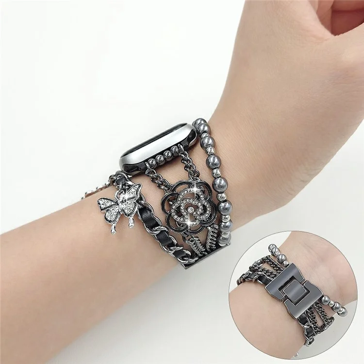 Zinc Alloy Bracelet Strap for Apple Watch Series 10 9 8 7 SE 6 5 4 3 2 1 42mm 41mm 40mm 38mm Flower Butterfly Watch Band - Black