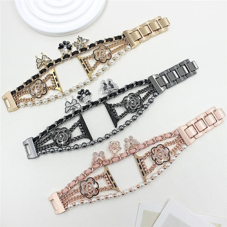 Zinc Alloy Bracelet Strap for Apple Watch Series 10 9 8 7 SE 6 5 4 3 2 1 42mm 41mm 40mm 38mm Flower Butterfly Watch Band - Black