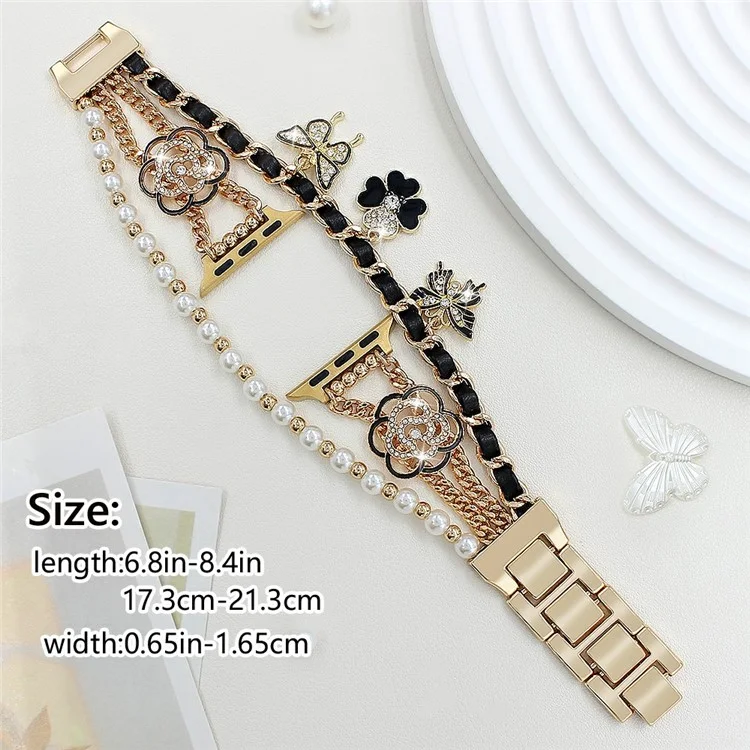 Zinc Alloy Bracelet Strap for Apple Watch Series 10 9 8 7 SE 6 5 4 3 2 1 42mm 41mm 40mm 38mm Flower Butterfly Watch Band - Black