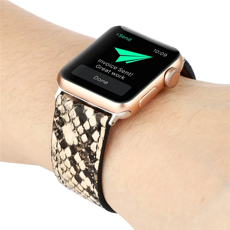 Leather Watch Strap for Apple Watch Series 10 Ultra 9 8 7 SE 6 5 4 3 2 1 46mm 49mm 45mm 44mm 42mm Snakeskin Print Wrist Band - Khaki