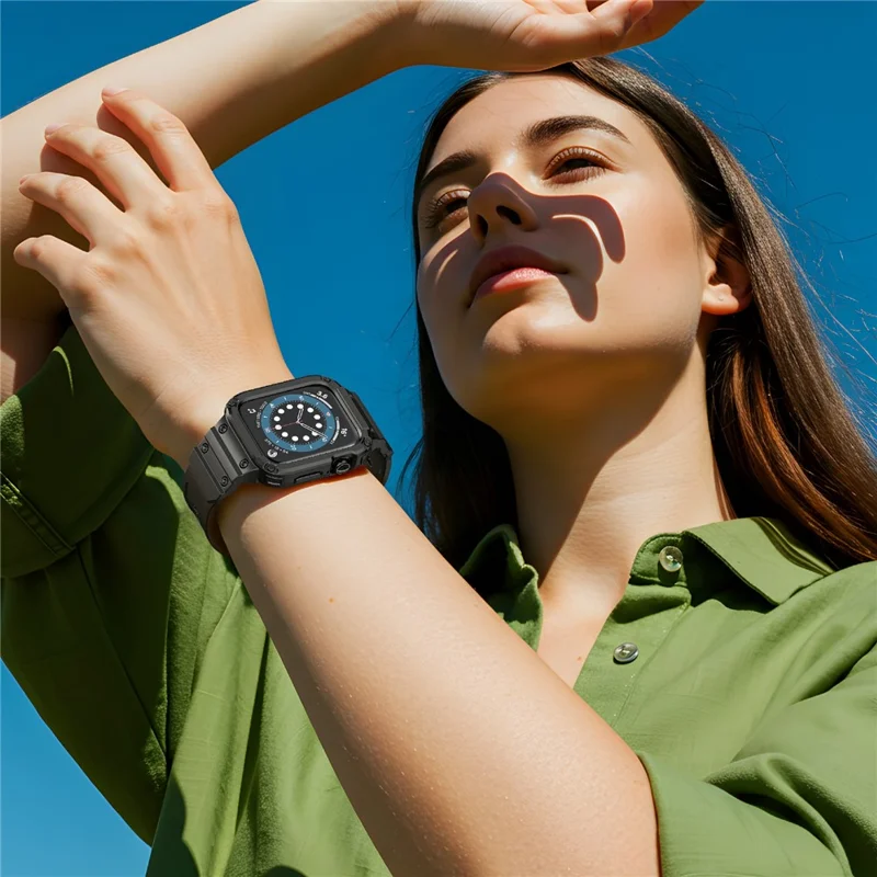 For Apple Watch Series 10 42mm TPU One-Piece Solid Color Watchband with Protective Case - Black