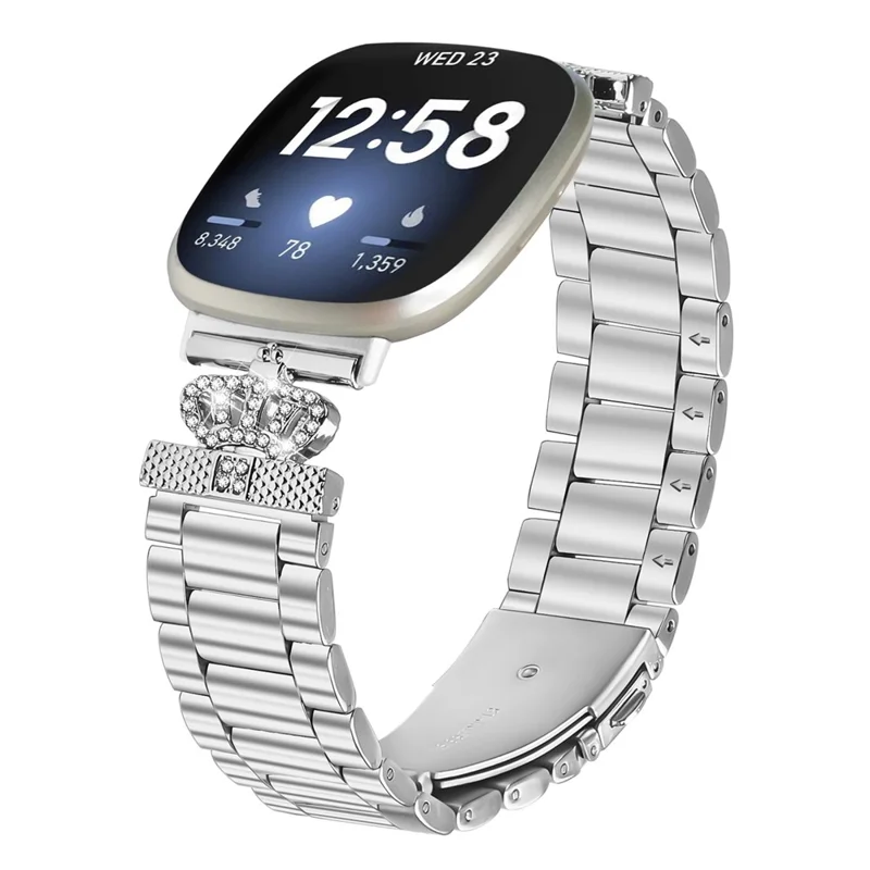 For Fitbit Versa 3 / Sense Stainless Steel Strap Crown Shape Rhinestone Decor Silver Watch Band