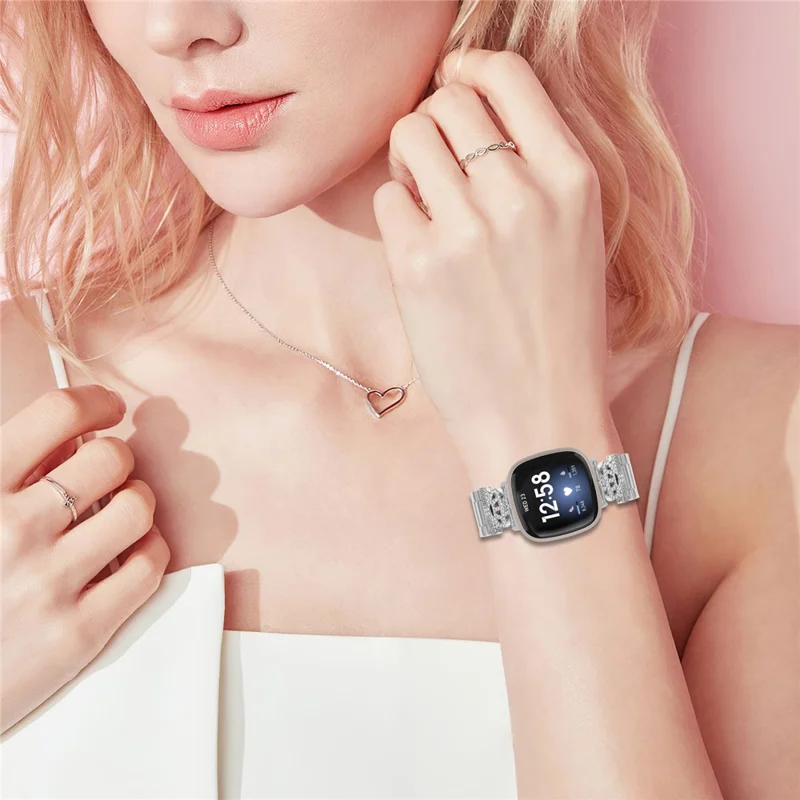 For Fitbit Versa 3 / Sense Stainless Steel Strap Crown Shape Rhinestone Decor Silver Watch Band