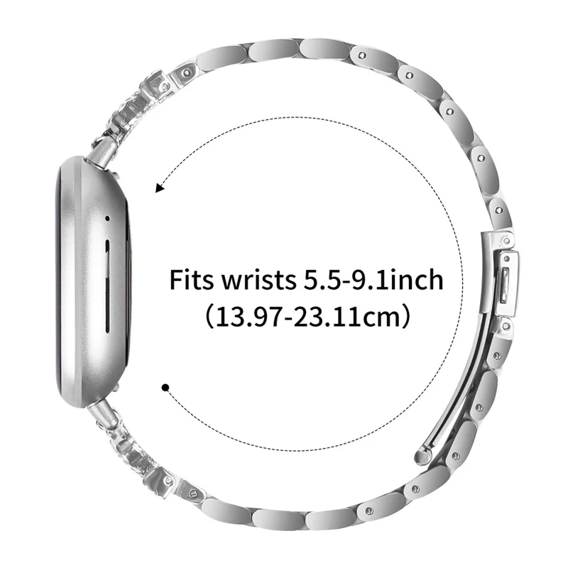For Fitbit Versa 3 / Sense Stainless Steel Strap Crown Shape Rhinestone Decor Silver Watch Band