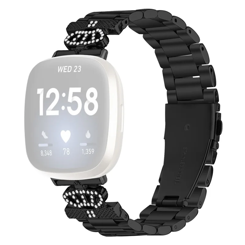 Stainless Steel Strap for Fitbit Versa 3 / Sense Crown Shape Rhinestone Decor Watch Band - Black
