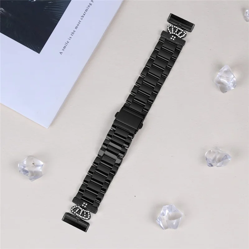 Stainless Steel Strap for Fitbit Versa 3 / Sense Crown Shape Rhinestone Decor Watch Band - Black