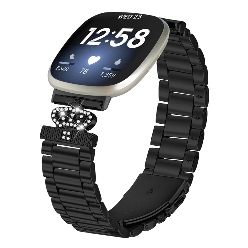 Stainless Steel Strap for Fitbit Versa 4 / Sense 2 Crown Shape Rhinestone Decor Watch Band - Black