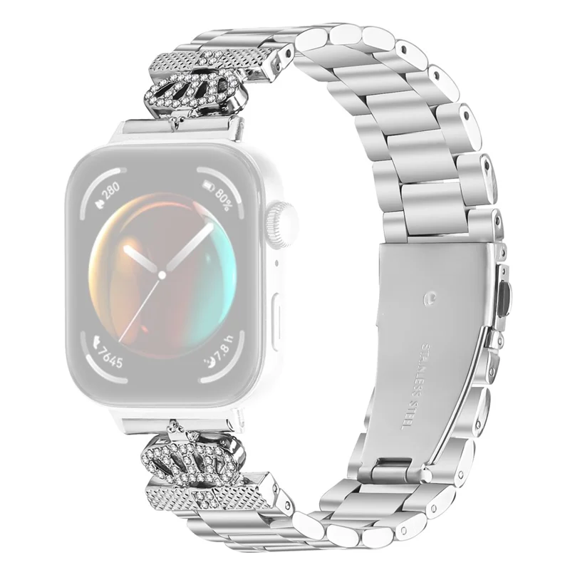 For Huawei Watch Fit 3 Stainless Steel Strap Crown Shape Rhinestone Decor Silver Watch Band