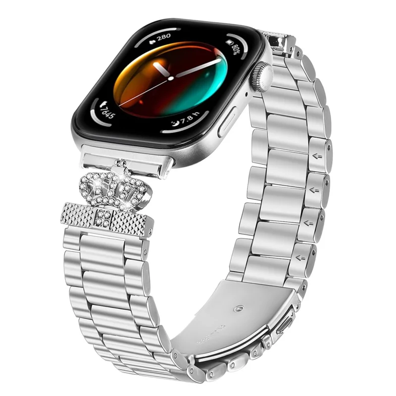 For Huawei Watch Fit 3 Stainless Steel Strap Crown Shape Rhinestone Decor Silver Watch Band