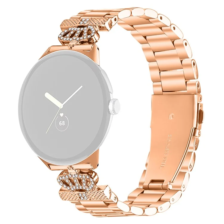 For Google Pixel Watch 2 / Watch Stainless Steel Strap Crown Shape Rhinestone Decor Watch Band - Rose Gold