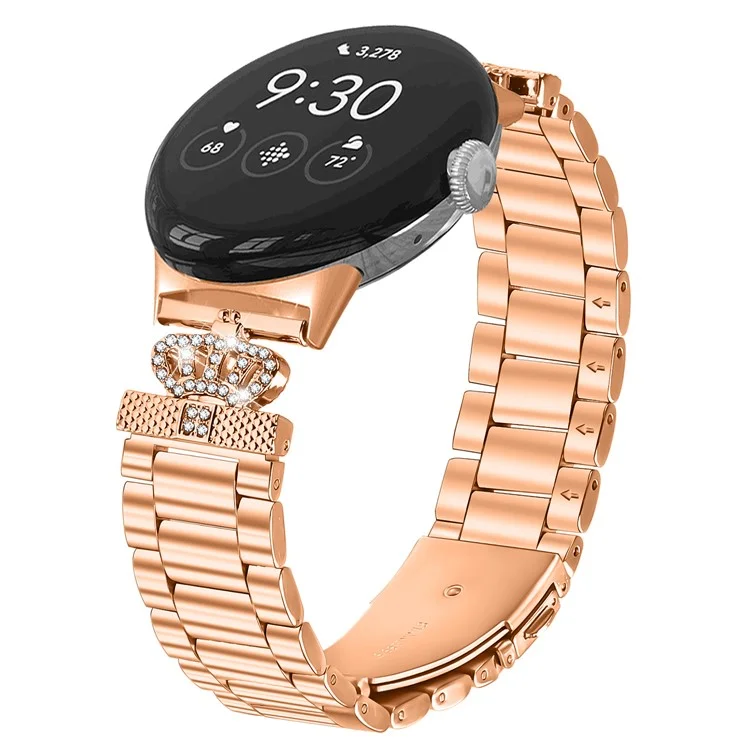 For Google Pixel Watch 2 / Watch Stainless Steel Strap Crown Shape Rhinestone Decor Watch Band - Rose Gold