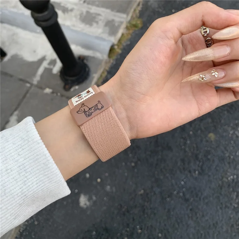 Nylon Strap for Apple Watch Ultra 3 2 1 49mm / Series 11 10 46mm / 9 8 7 45mm / SE3 SE2 SE 6 5 4 44mm / 3 2 1 42mm Dog Pattern Magnetic Buckle Watch Band - Pink