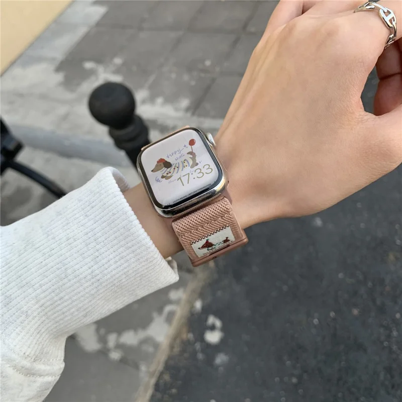 Nylon Strap for Apple Watch Ultra 3 2 1 49mm / Series 11 10 46mm / 9 8 7 45mm / SE3 SE2 SE 6 5 4 44mm / 3 2 1 42mm Dog Pattern Magnetic Buckle Watch Band - Pink