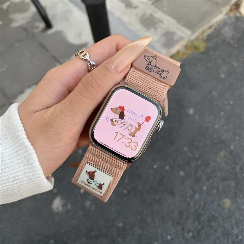 Nylon Strap for Apple Watch Ultra 3 2 1 49mm / Series 11 10 46mm / 9 8 7 45mm / SE3 SE2 SE 6 5 4 44mm / 3 2 1 42mm Dog Pattern Magnetic Buckle Watch Band - Pink