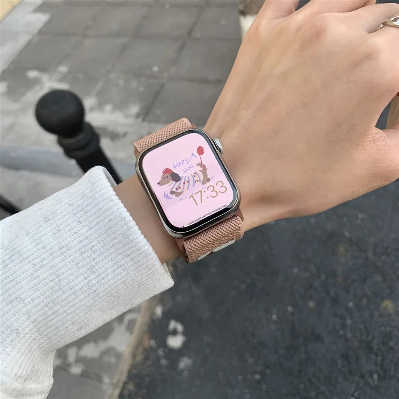 Nylon Strap for Apple Watch Ultra 3 2 1 49mm / Series 11 10 46mm / 9 8 7 45mm / SE3 SE2 SE 6 5 4 44mm / 3 2 1 42mm Dog Pattern Magnetic Buckle Watch Band - Pink