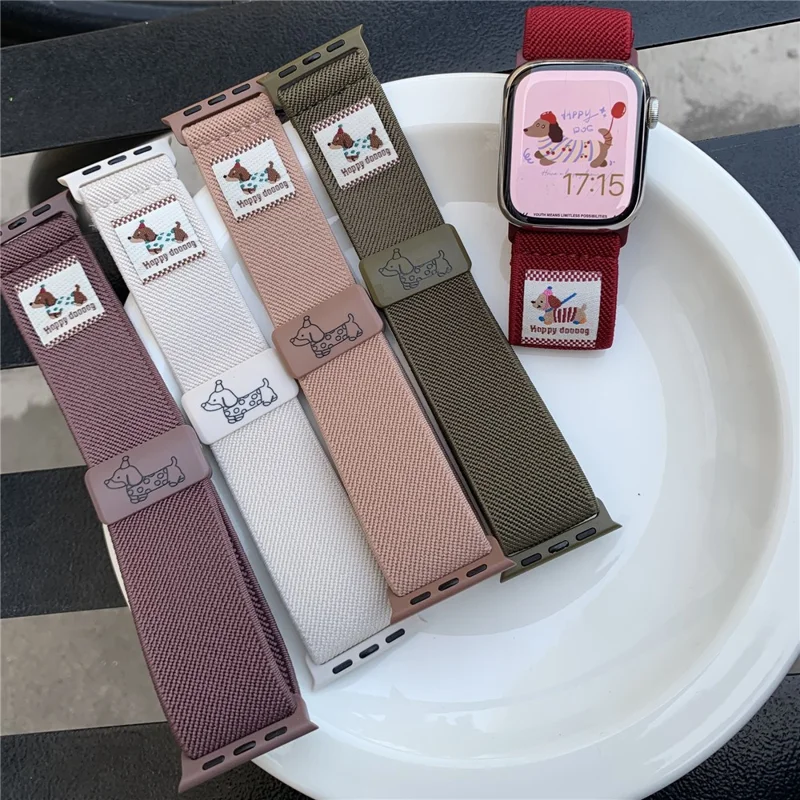 Nylon Strap for Apple Watch Ultra 3 2 1 49mm / Series 11 10 46mm / 9 8 7 45mm / SE3 SE2 SE 6 5 4 44mm / 3 2 1 42mm Dog Pattern Magnetic Buckle Watch Band - Pink