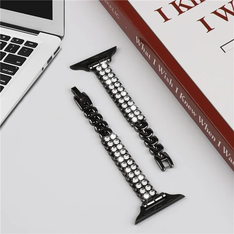 Watch Strap for Apple Watch Series 10 9 8 7 SE 6 5 4 3 2 1 42mm 41mm 40mm 38mm Rhinestone Decor Alloy Bracelet Wrist Band - Black