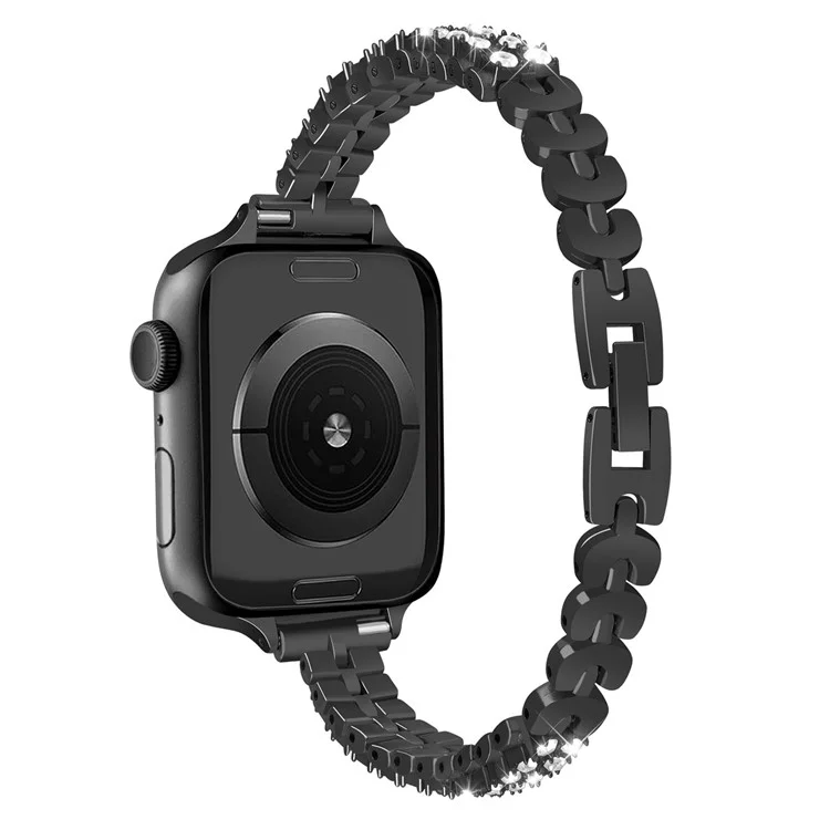 Pulseira de relógio para Apple Watch Series 10 Ultra 9 8 7 SE 6 5 4 3 2 1 46mm 49mm 45mm 44mm 42mm Decoração com Strass Pulseira de Aço - Preta