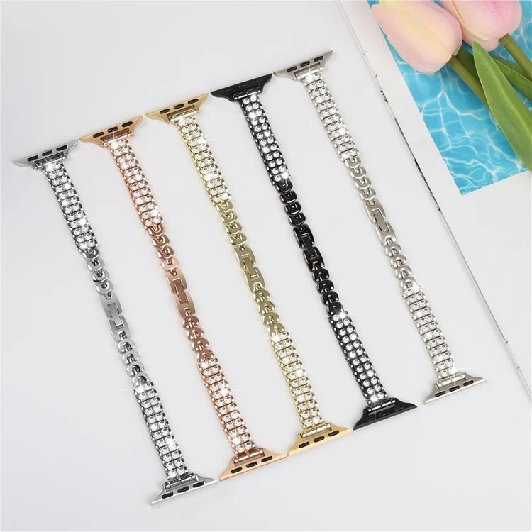 Pulseira de relógio para Apple Watch Series 10 Ultra 9 8 7 SE 6 5 4 3 2 1 46mm 49mm 45mm 44mm 42mm Decoração com Strass Pulseira de Aço - Preta