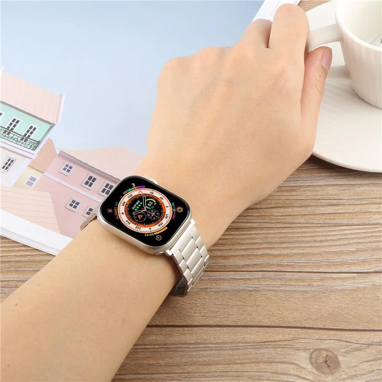 Metal Watch Band for Apple Watch Series 10 9 8 7 SE 6 5 4 3 2 1 42mm 41mm 40mm 38mm Magnetic Three Bead Wrist Strap - Starlight