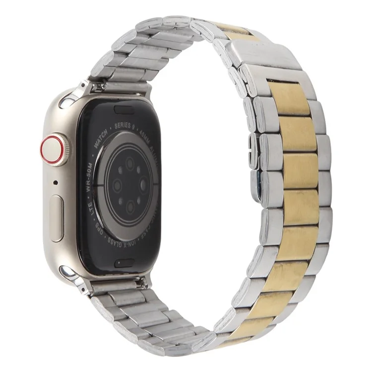 Bracelet de montre en métal pour Apple Watch Series 10 9 8 7 SE 6 5 4 3 2 1 42mm 41mm 40mm 38mm Bracelet magnétique à trois perles - Argent+Or