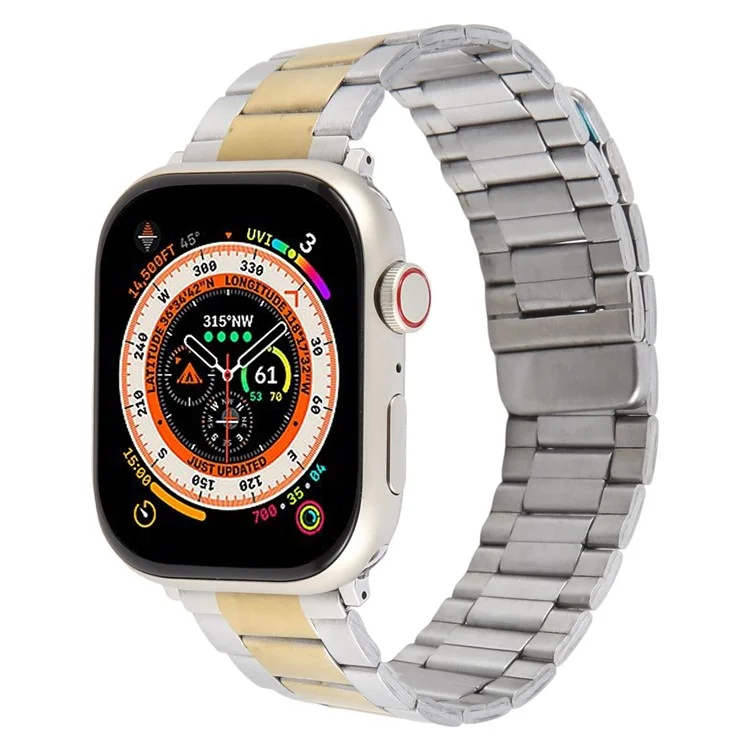 Bracelet de montre en métal pour Apple Watch Series 10 9 8 7 SE 6 5 4 3 2 1 42mm 41mm 40mm 38mm Bracelet magnétique à trois perles - Argent+Or