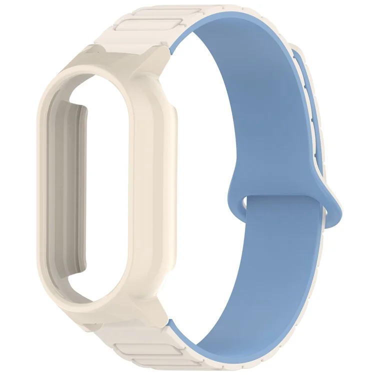 Para Xiaomi Smart Band 9 NFC / 9 Pulseira de Silicone Magnética de Cor Dupla com Moldura Protetora de PC - Branco+Azul+Branco