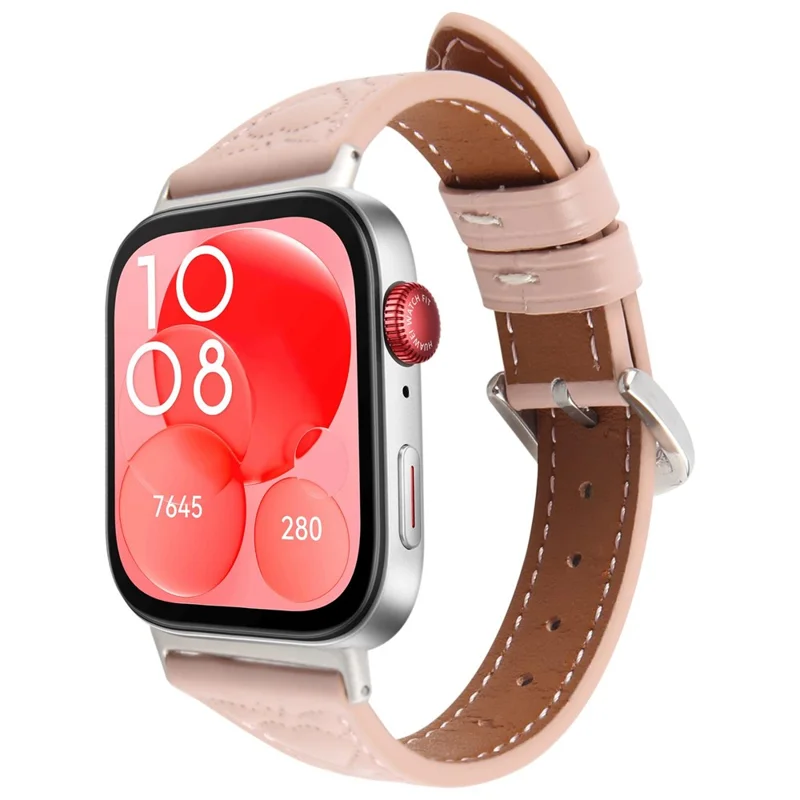För Huawei Watch Fit 3 Hjärtmönster Präglad Klocka Band av Nöt-läder - Rosa