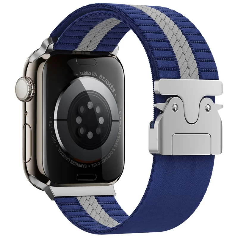 Nylon Watch Band for Apple Watch Series 10 9 8 7 SE 6 5 4 3 2 1 42mm 41mm 40mm 38mm Stripe Design Parachute Buckle Strap - Blue+White
