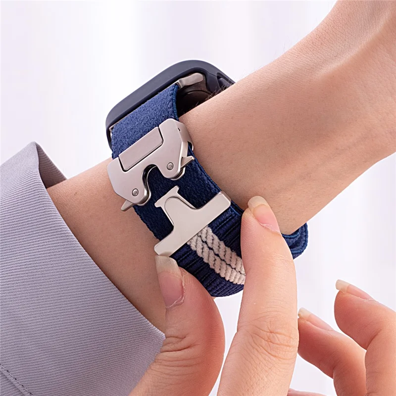 Nylon Watch Band for Apple Watch Series 10 9 8 7 SE 6 5 4 3 2 1 42mm 41mm 40mm 38mm Stripe Design Parachute Buckle Strap - Blue+White