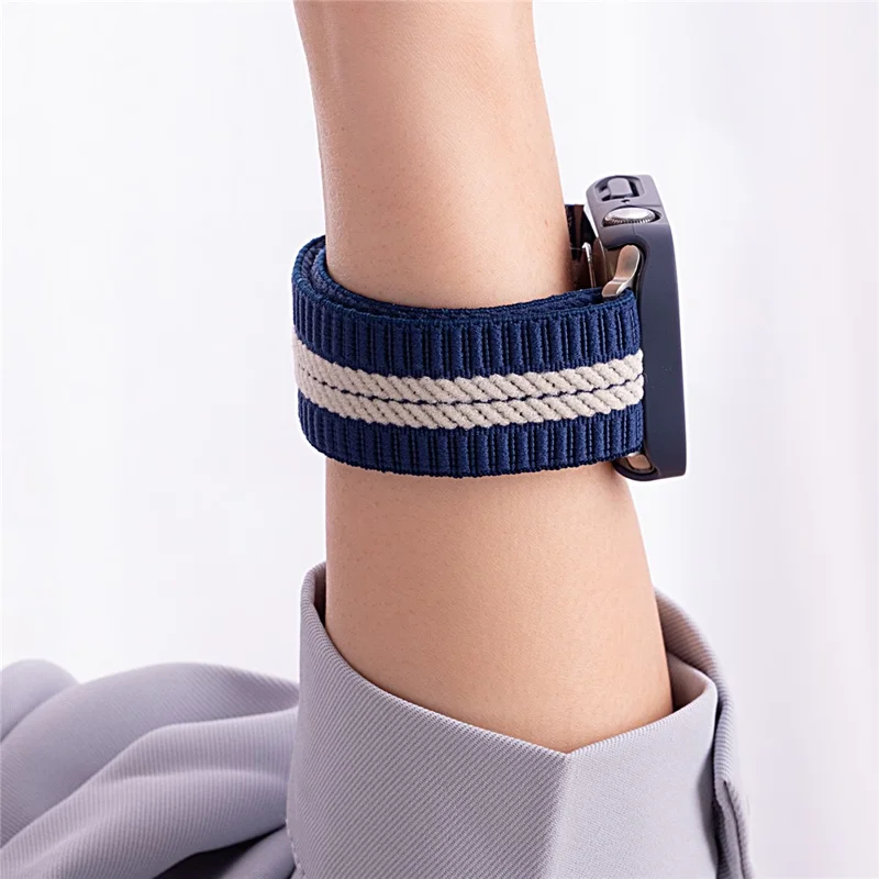 Nylon Watch Band for Apple Watch Series 10 9 8 7 SE 6 5 4 3 2 1 42mm 41mm 40mm 38mm Stripe Design Parachute Buckle Strap - Blue+White