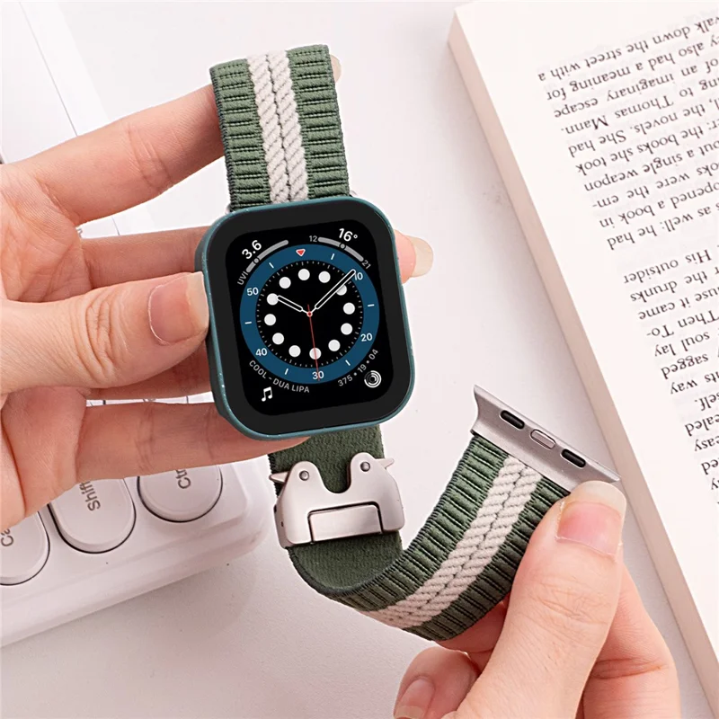 Nylon Watch Band for Apple Watch Series 10 9 8 7 SE 6 5 4 3 2 1 42mm 41mm 40mm 38mm Stripe Design Parachute Buckle Strap - Blue+White