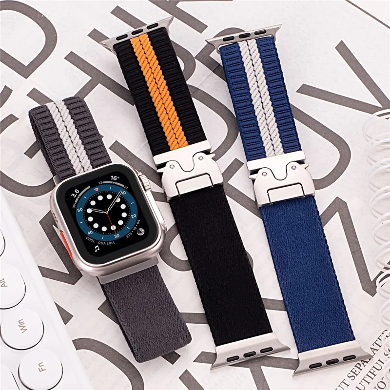 Nylon Watch Band for Apple Watch Series 10 9 8 7 SE 6 5 4 3 2 1 42mm 41mm 40mm 38mm Stripe Design Parachute Buckle Strap - Blue+White