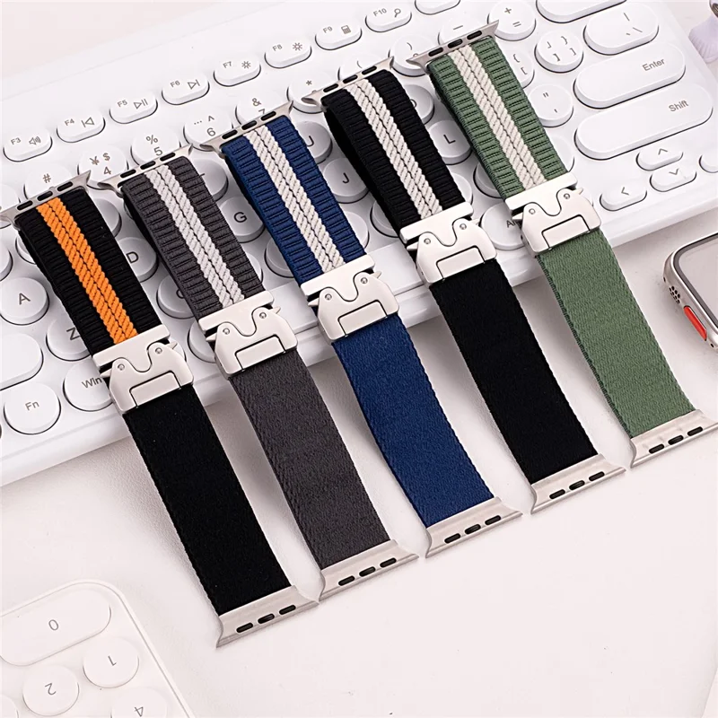 Nylon Watch Band for Apple Watch Series 10 9 8 7 SE 6 5 4 3 2 1 42mm 41mm 40mm 38mm Stripe Design Parachute Buckle Strap - Blue+White