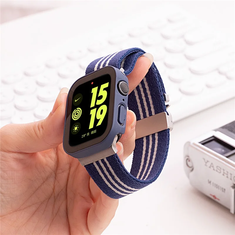 Watch Band for Apple Watch Series 10 Ultra 9 8 7 SE 6 5 4 3 2 1 46mm 49mm 45mm 44mm 42mm 3-Stripe Parachute Buckle Nylon Strap - Grey+White