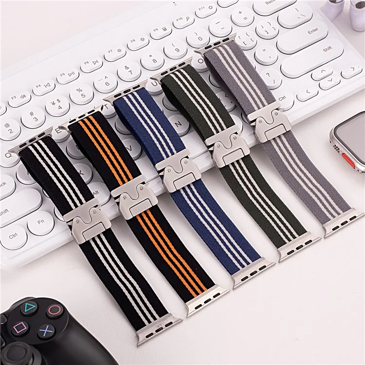 Watch Band for Apple Watch Series 10 Ultra 9 8 7 SE 6 5 4 3 2 1 46mm 49mm 45mm 44mm 42mm 3-Stripe Parachute Buckle Nylon Strap - Grey+White