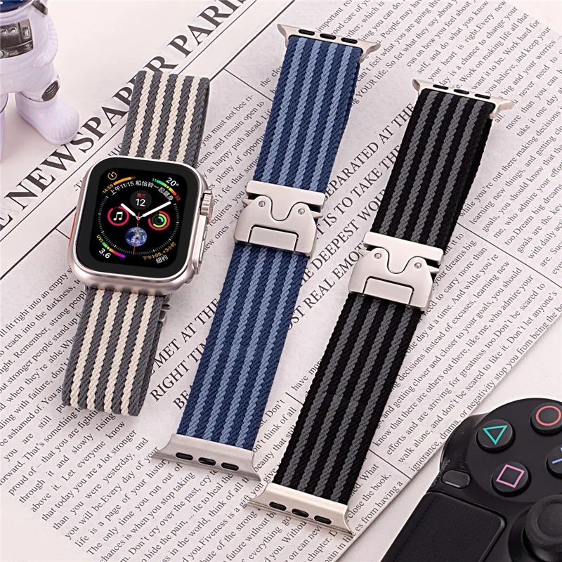 Watch Band for Apple Watch Ultra 3 2 1 49mm / Series 11 10 46mm / 9 8 7 45mm / SE3 SE2 SE 6 5 4 44mm / 3 2 1 42mm 4-Stripe Parachute Buckle Nylon Strap - Green+White