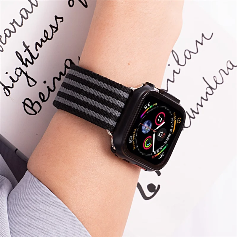 Watch Band for Apple Watch Ultra 3 2 1 49mm / Series 11 10 46mm / 9 8 7 45mm / SE3 SE2 SE 6 5 4 44mm / 3 2 1 42mm 4-Stripe Parachute Buckle Nylon Strap - Green+White